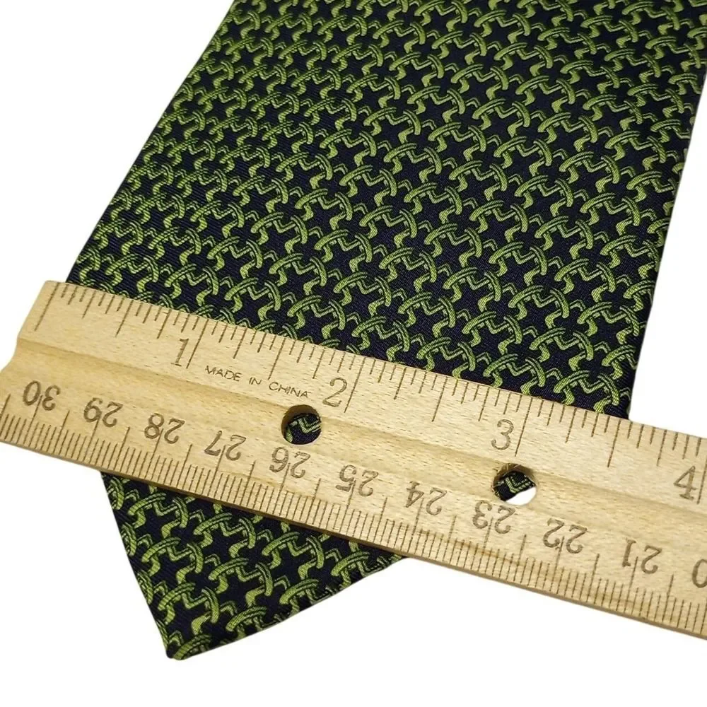 Brooks Brothers Basics Mens Silk Tie Lime Green Navy Blue Geometric Made‎ in USA